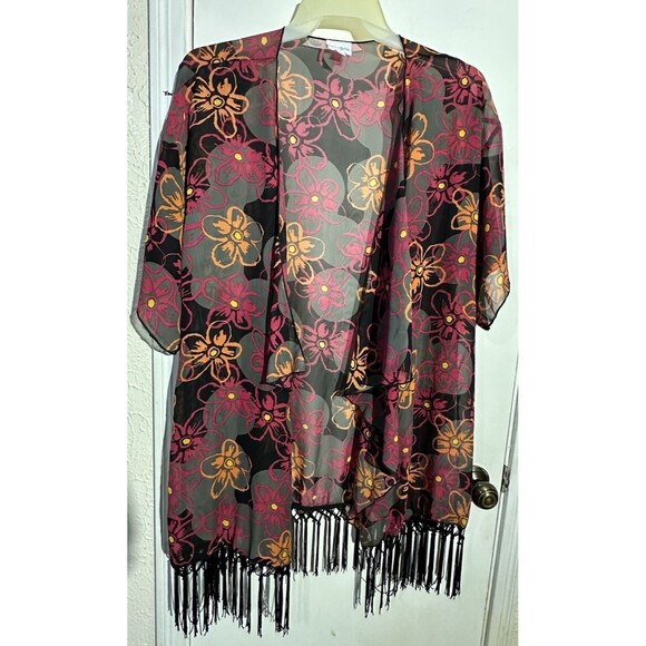 LuLaRoe Monroe Sheer Kimono Cardigan Top Open Front Floral Fringe Size L - Picture 1 of 9